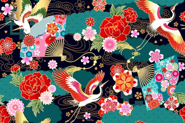 Vector seamless pattern with floral motives and cranes