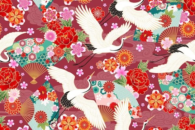 Vector seamless pattern with floral motives and cranes