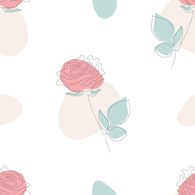 Seamless pattern with flower rose and abstract spots line art continuous line minimalistic design