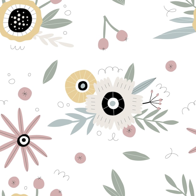 Seamless pattern with flowers berries and leaves