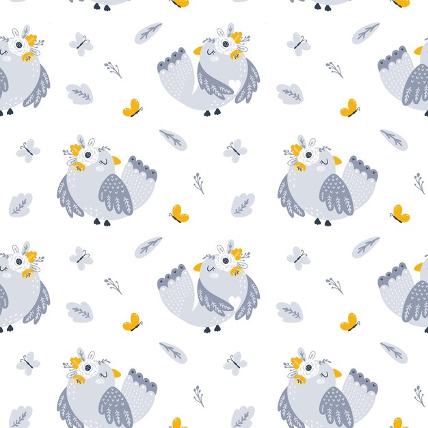 Seamless pattern with flowers and birds illustrations