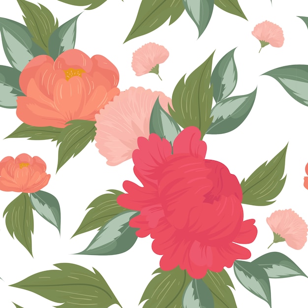 Vector seamless pattern with flowers, branches, leaves