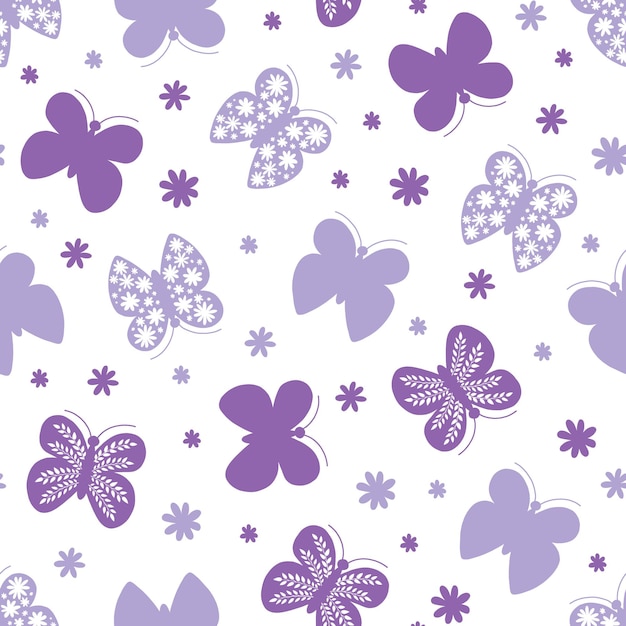 Seamless pattern with flowers and butterflies in purple tones