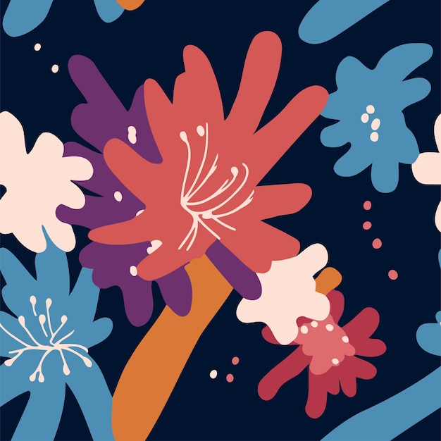 Vector seamless pattern with flowers on dark blue background vector illustration