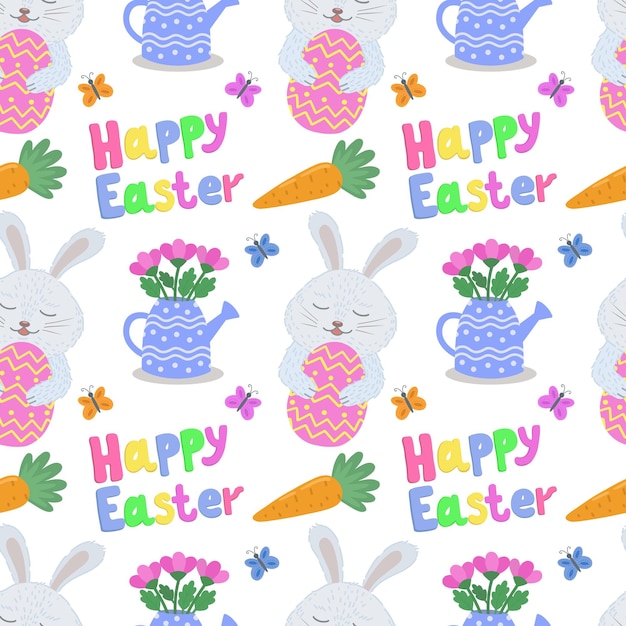 Vettore disegno senza cuciture con fiori, uova e conigli per l'illustrazione vettoriale di pasqua