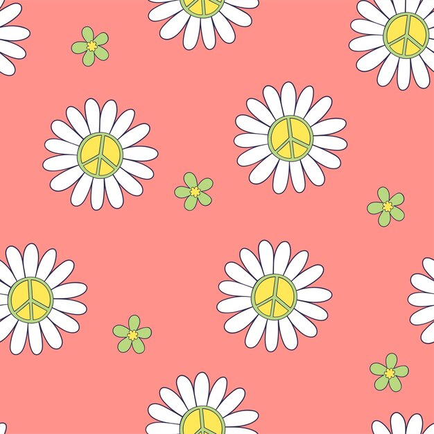 花とヒッピーのシンボル ベクトル画像のシームレスなパターン