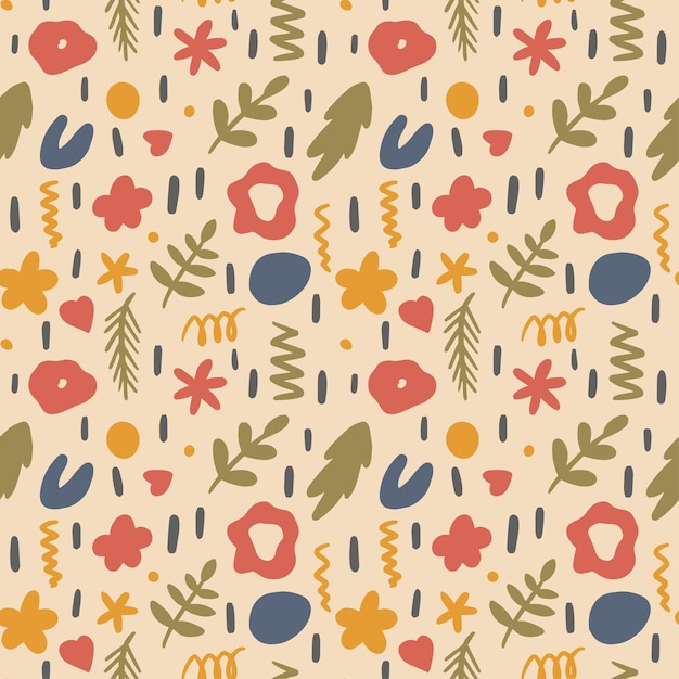 Seamless pattern with flowers leaves and abstract elements