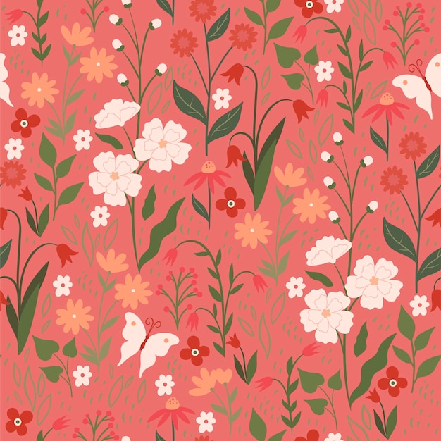 Seamless pattern with flowers, leaves and butterflies. Vector graphics.