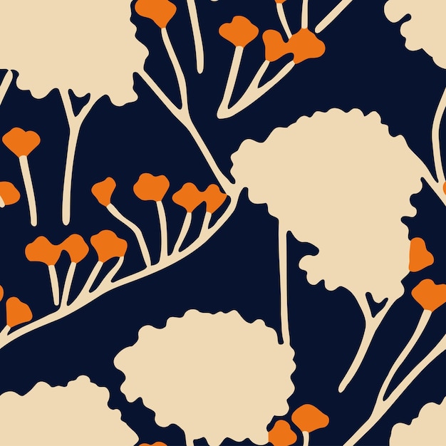Бесшовный узор с цветами и листьями на темно-синем фоне