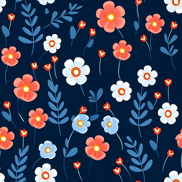 Seamless pattern with flowers and leaves on dark blue background