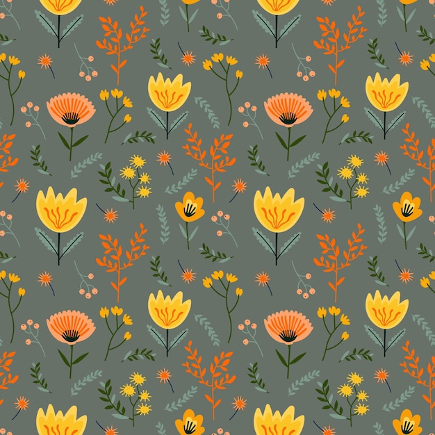 Seamless pattern with flowers and leaves Floral backgroundHand drawn fabric gift wrapping wall art