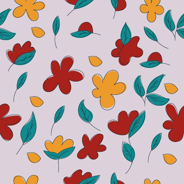 A seamless pattern with flowers and leaves on a purple background.