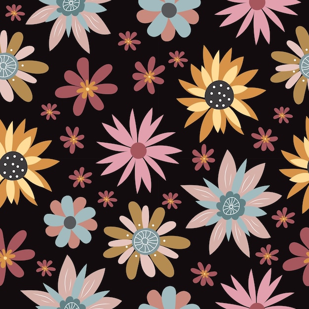 Seamless pattern with flowers Pattern in the style of the 70s Cute flowers in a flat style