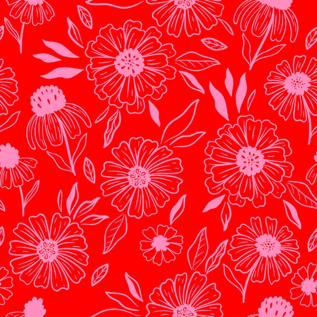Seamless pattern with flowers in pink and red colors Vector graphics