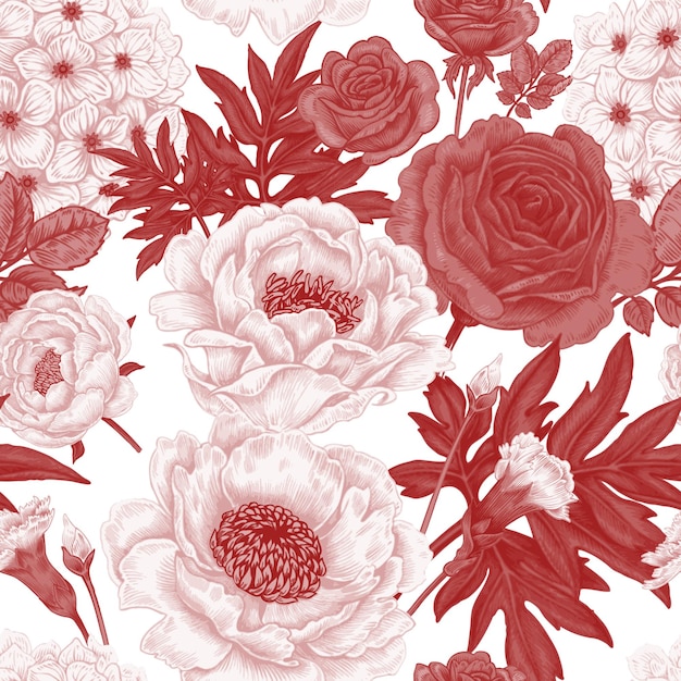 Бесшовный узор с цветами розы пионы гортензии гвоздики