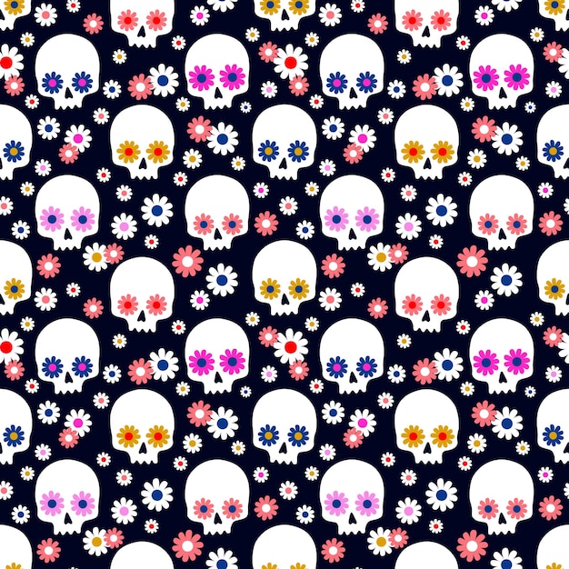 Seamless pattern with flowers and sugar skulls Vector illustration for Halloween