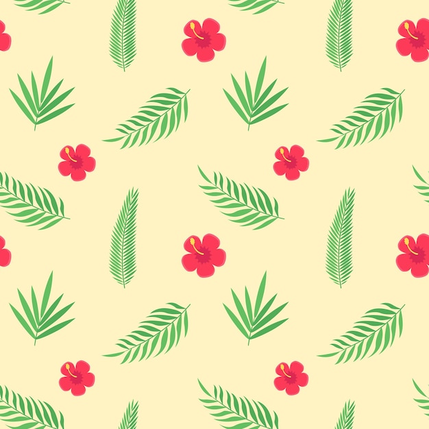 Seamless pattern with flowers and tropic leaves