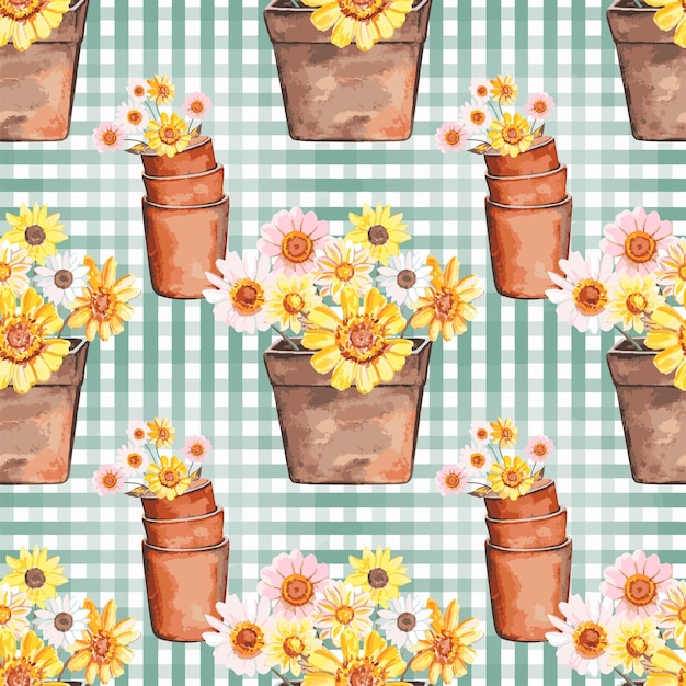 Seamless pattern with flowers in vintage pots watercolor