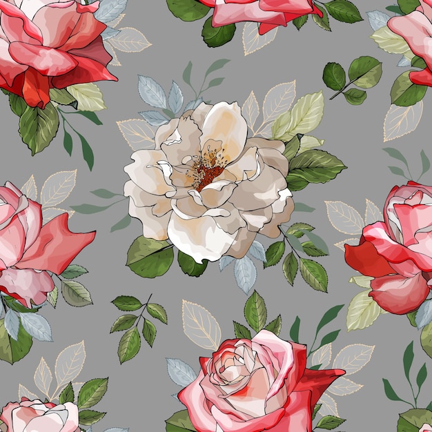 Seamless pattern with flowers white and red rose and green leaves