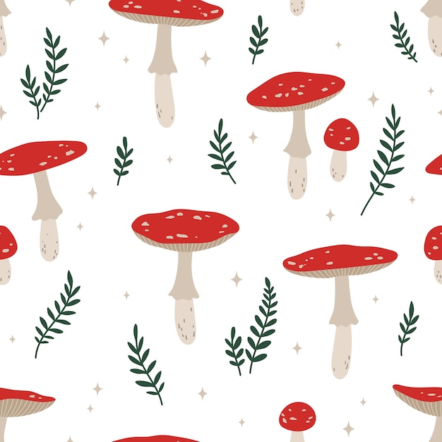 Seamless pattern with fly agaric texture fot print textile packaging hand drawn vector illustration