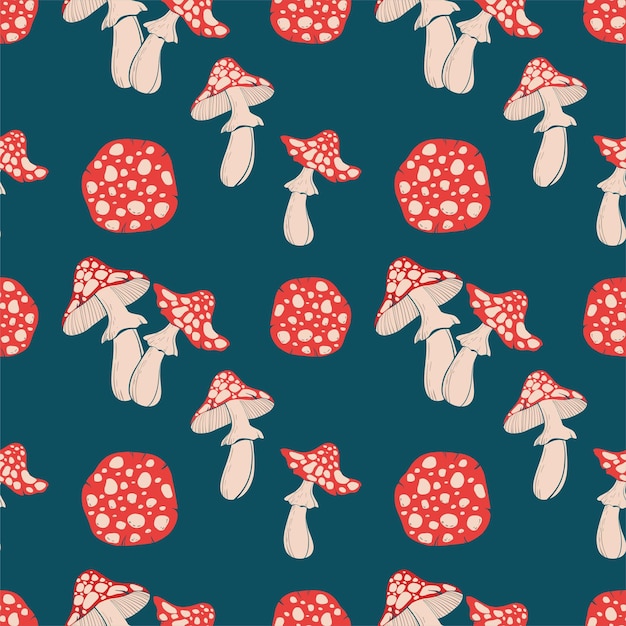 Seamless pattern with fly agarics and spotted hats Flat colorful illustration of red grebes