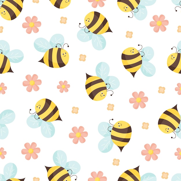 Seamless pattern with flying bees and flowers on white background illustration for background print