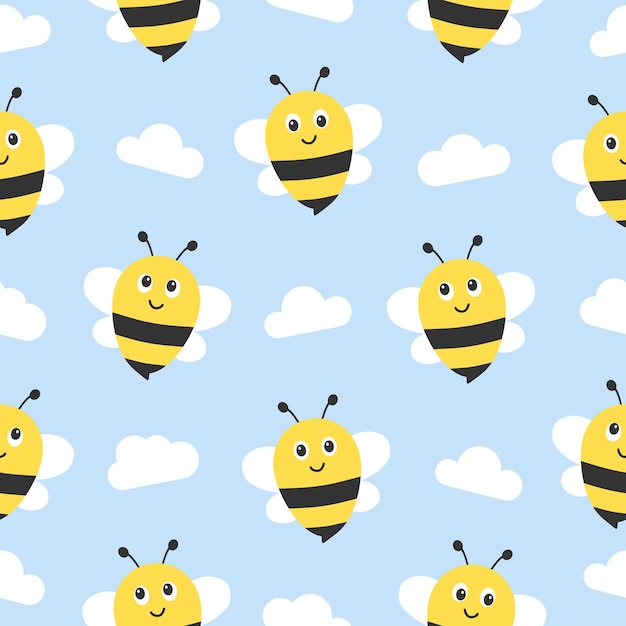 Вектор Бесшовный рисунок с летающими пчелами векторный мультфильм о черных и желтых пчелах с облаком