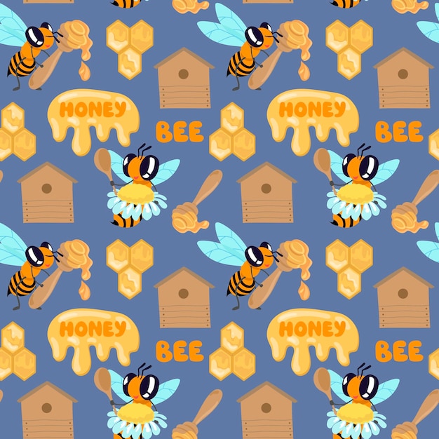 Vector seamless  pattern with flying bumble bees the bee is holding a spoon with honey