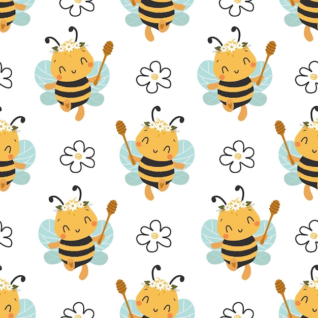 Seamless Pattern with Flying Cute Bee and doodle flower, Cartoon Animals Background.