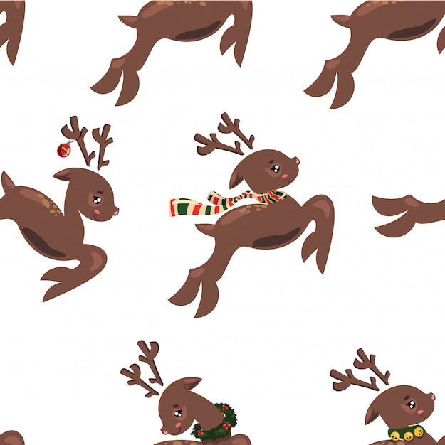 Seamless pattern with flying deers. Wallpapers with running deer. Prints for textiles with deer santa.