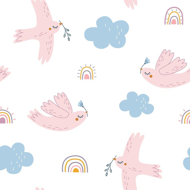 Seamless pattern with a flying dove in the sky clouds and colored rainbows