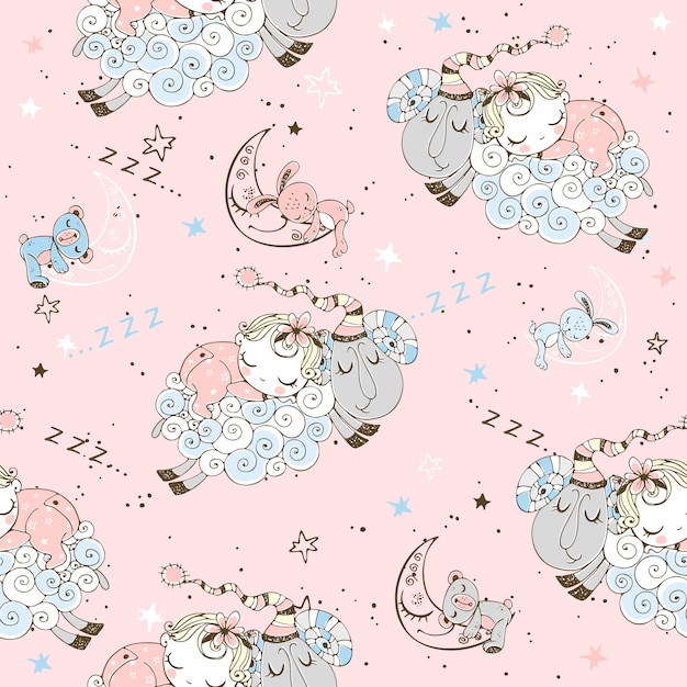 Seamless pattern with flying lambs and babies for girls.