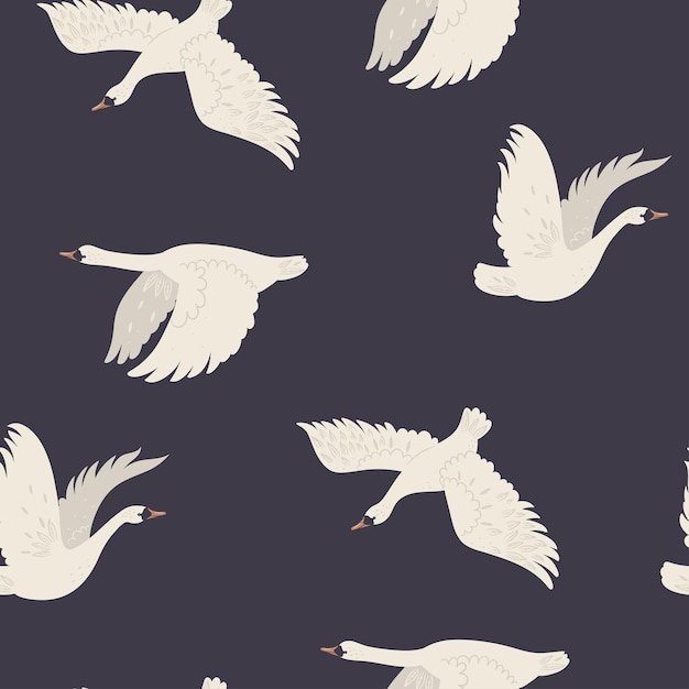 Vector seamless pattern with flying swans on a dark background