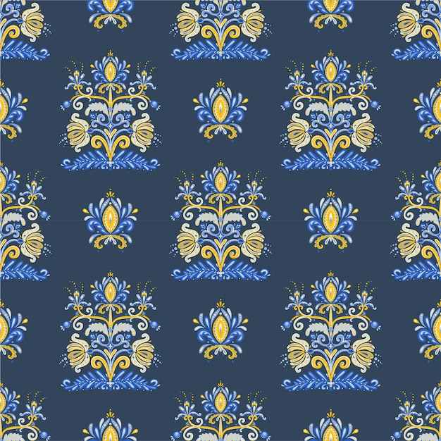 Vector seamless pattern with folk floral ornament on dark background