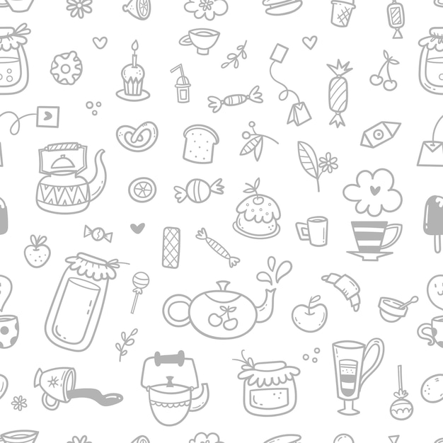 Seamless pattern with food drinks and utensils on white background Doodle cafe wallpaper Cute vector print