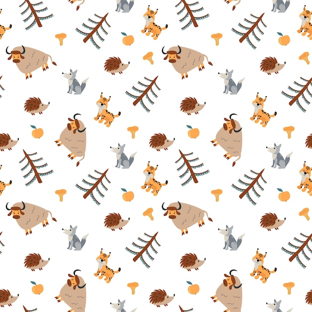 Vector seamless pattern with forest animals design for fabric textile wallpaper packaging