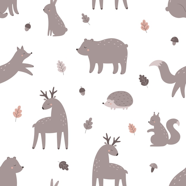 Seamless pattern with forest animals Fox hare bear hedgehog deer squirrel