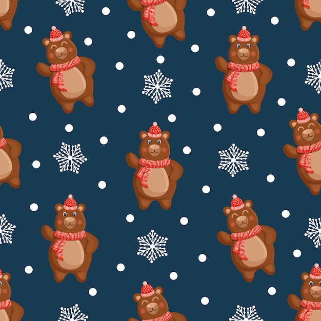 Seamless pattern with forest brown winter bear in hat and scarf with snowflakes and snow