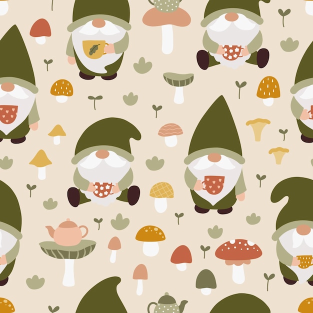 Seamless pattern with forest gnome and mushrooms