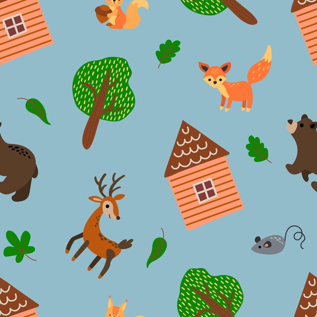 森の小屋の動物や木とのシームレスなパターン生地繊維壁紙パッケージのデザイン