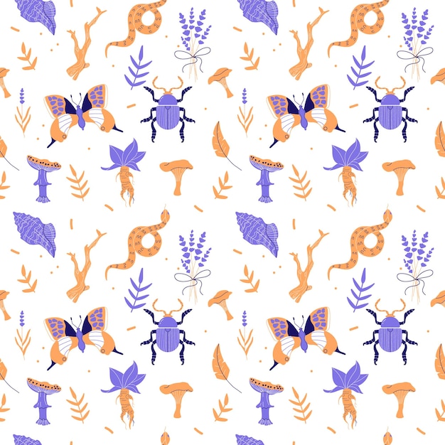 Seamless pattern with forest insects and plants