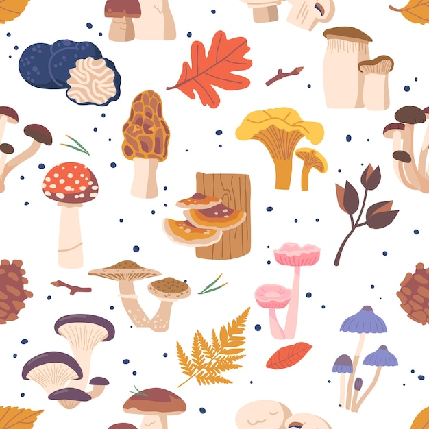 seamless pattern with forest mushrooms featuring a variety of colorful fungi scattered across a natural backdrop
