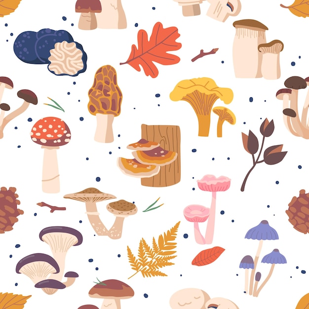 Seamless Pattern With Forest Mushrooms Featuring A Variety Of Colorful Fungi Scattered Across A Natural Backdrop