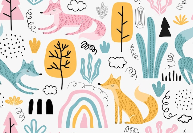 Vector seamless pattern with foxes and leaf