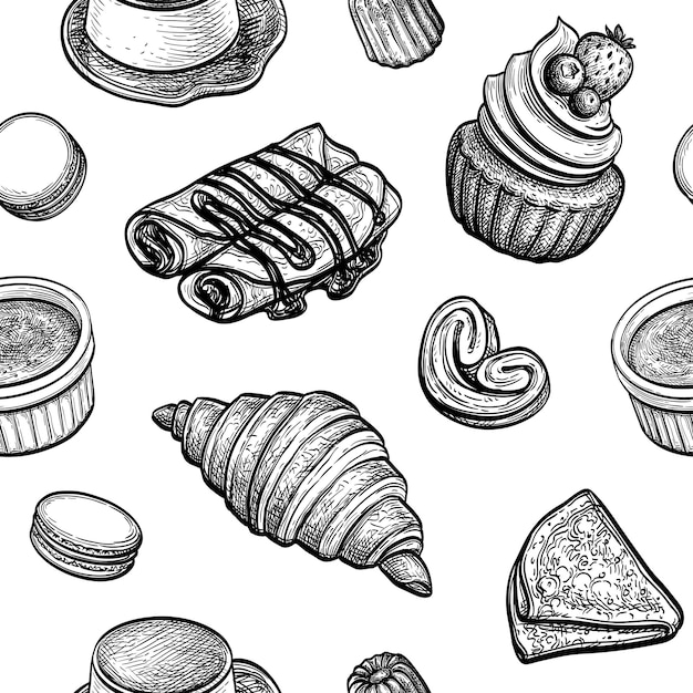 Vector seamless pattern with french desserts