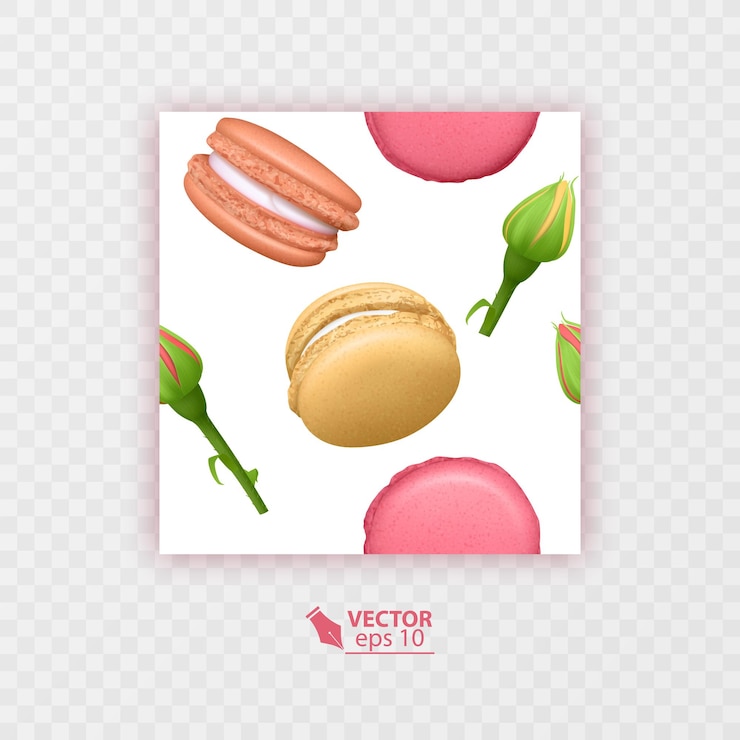 Vector seamless pattern with french sweet macaroons and roses fresh bakery can be used in food industry