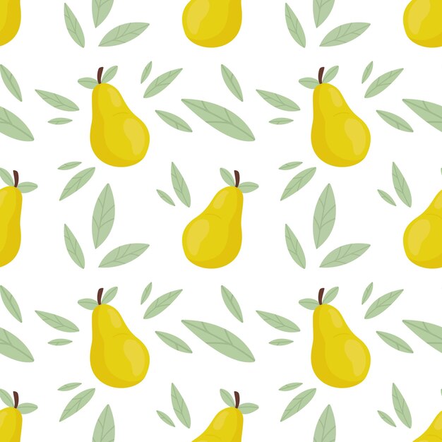 Seamless pattern with fresh cute green pears and leaves in flat style Cartoon vector illustration