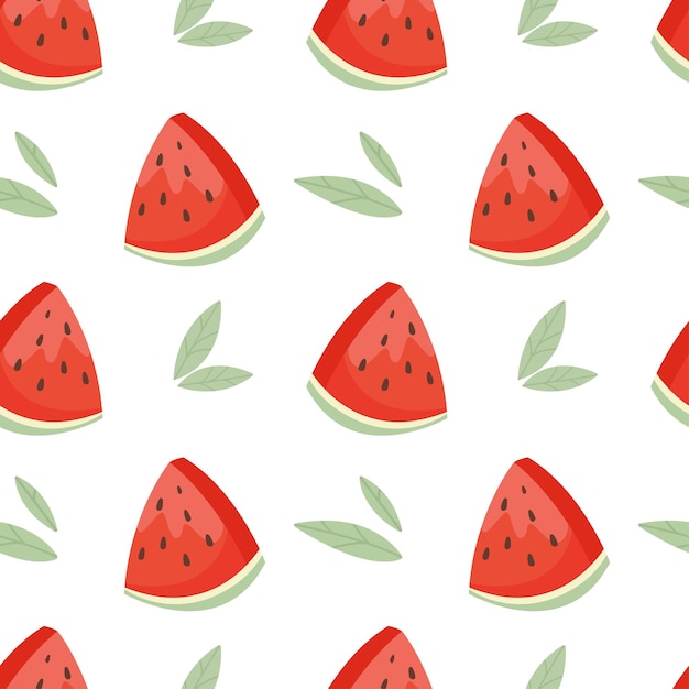 Vector seamless pattern with fresh cute red piece of watermelon and leaves in flat style