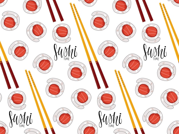 Seamless pattern with fresh sushi rolls, sushi sticks , calligraphy lettering. asian food on white b