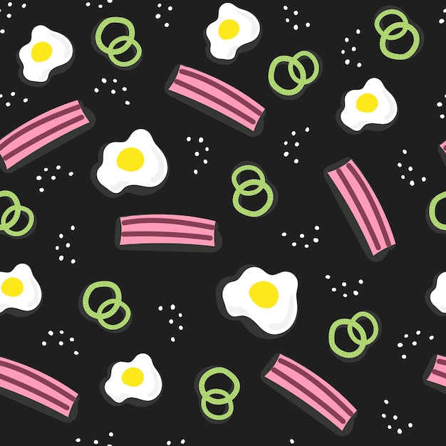 Seamless pattern with fried eggs, bacon, onions